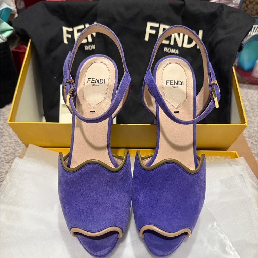 Fendi Blue Suede Block Heel Sandals